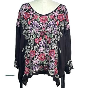 Johnny Was Leopard Rose Embroidered Blouse Flowy Cupra Rayon Deep Burgundy Med